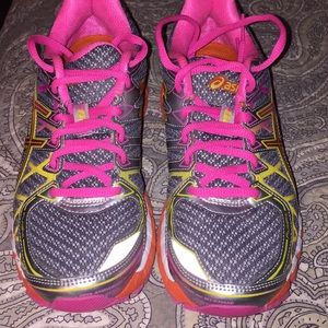 ASICS, size 7, pink, grey and orange running shoes